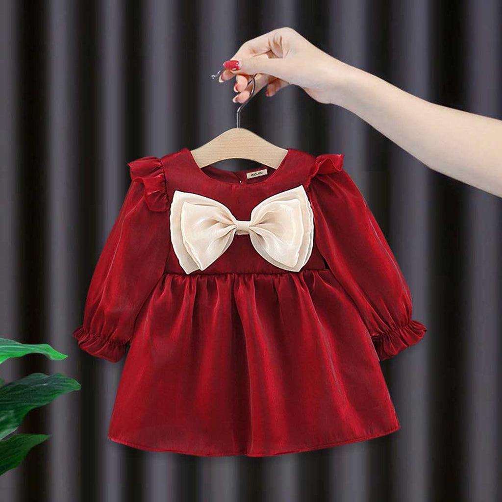 Girls Red Long Sleeve Dress With Bow Casual Dresses Red 1-2 Y 