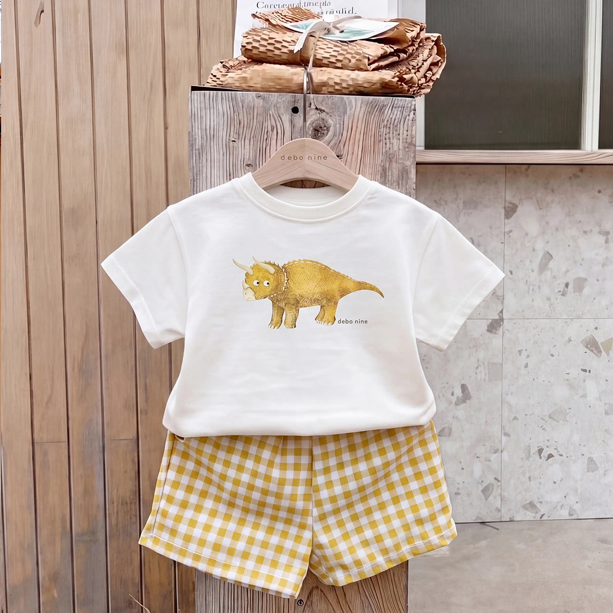 Boys White Short Sleeve Animal Print T-Shirt With Checked Shorts Sets 2 pc. Sets White 1-2 Y