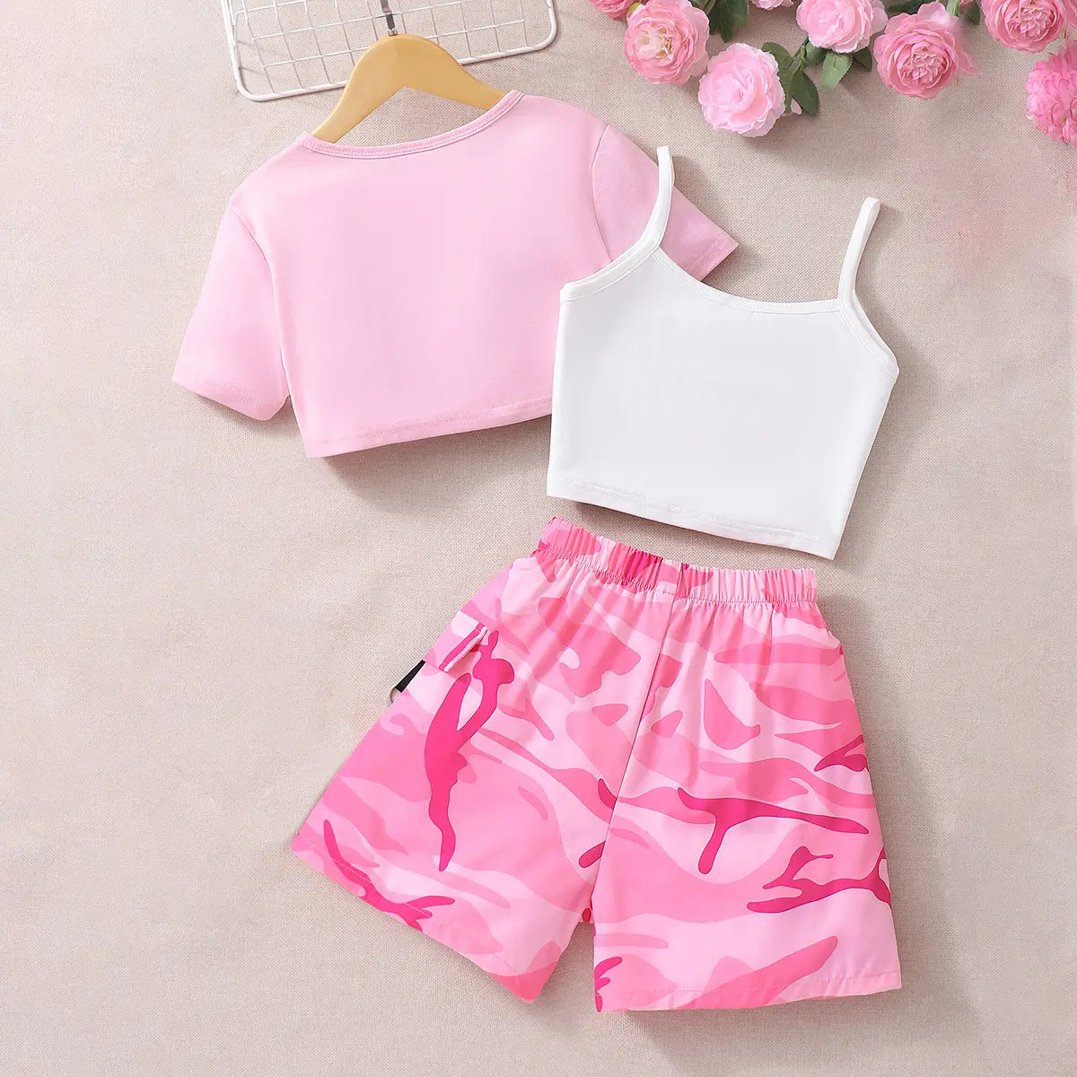 Girls Pink Crop Top & Camisole With Printed Shorts Set Sets