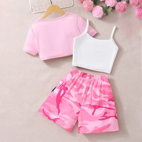 Girls Pink Crop Top & Camisole With Printed Shorts Set Sets
