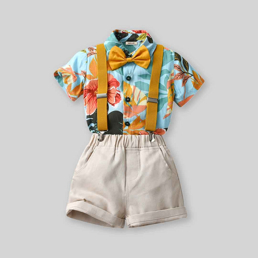 Boys Tropical Print Shirt With Suspender Shorts Set