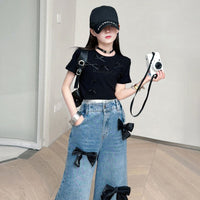 Girls Bow Applique Straight Fit Denim Trousers Jeans   