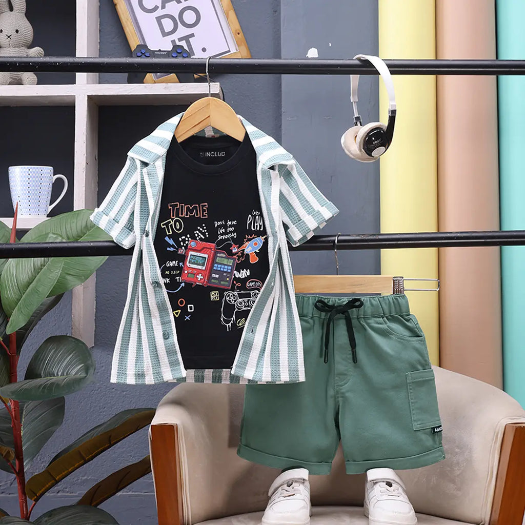 Boys Green Striped Short Sleeve Shirt With Graphic T-Shirt And Drawstring Shorts Sets Sets Green 1-2 Y