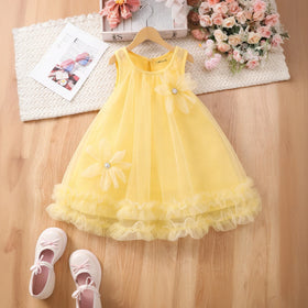 Girls Lime Yellow Flower Applique Tulle Overlay Sleeveless A-line Dress Casual Dresses Lime Yellow 1-2 Y