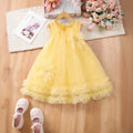 Girls Lime Yellow Flower Applique Tulle Overlay Sleeveless A-line Dress Casual Dresses Lime Yellow 1-2 Y