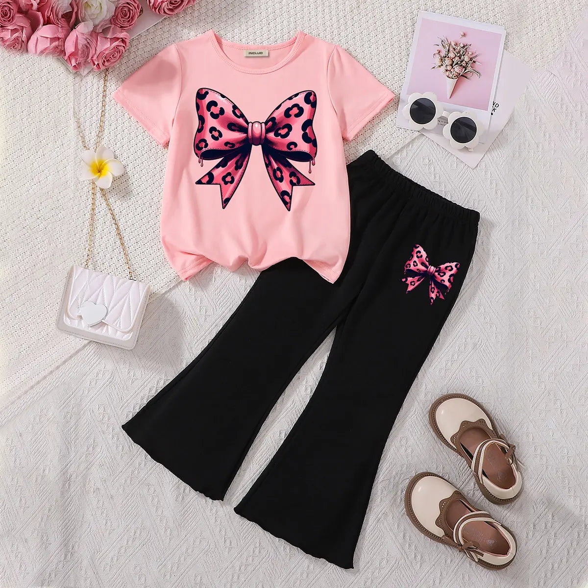 Girls Pink Leopard Print Bow T-Shirt With Flared Hem Pants Sets Sets Pink 3-4 Y