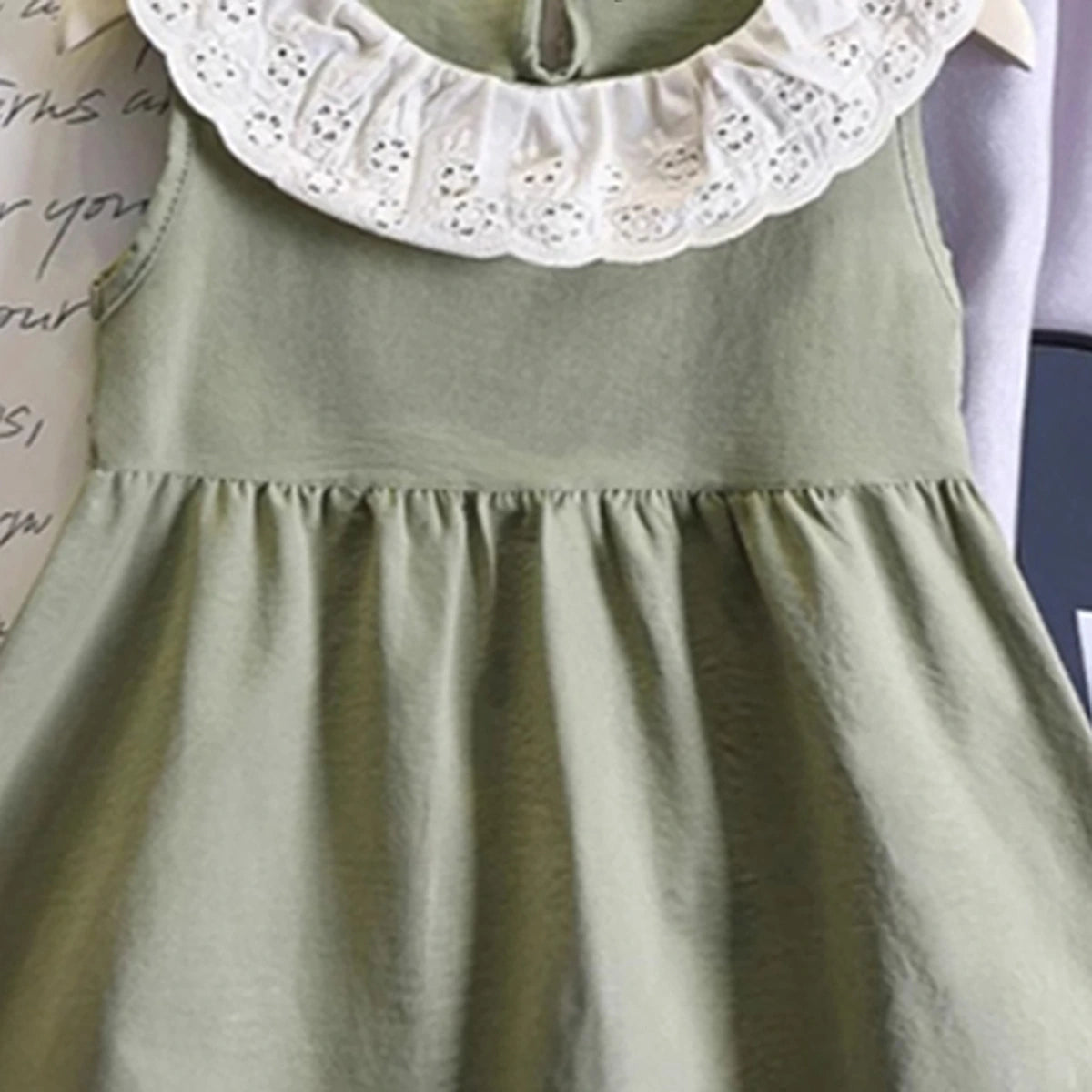 Girls Light Green Sleeveless Fit & Flare Dress With Lace Hem Casual Dresses