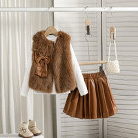 Girls Dark Brown Faux Fur Jacket with Skiwi & PU Flared Skirt Set Sets Brown 2-3 Y