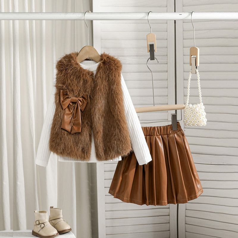 Girls Dark Brown Faux Fur Jacket with Skiwi & PU Flared Skirt Set Sets Brown 2-3 Y