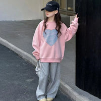 Girls Pink Heart Patch Embroidered Oversized Sweatshirt With Pants Sets Sets