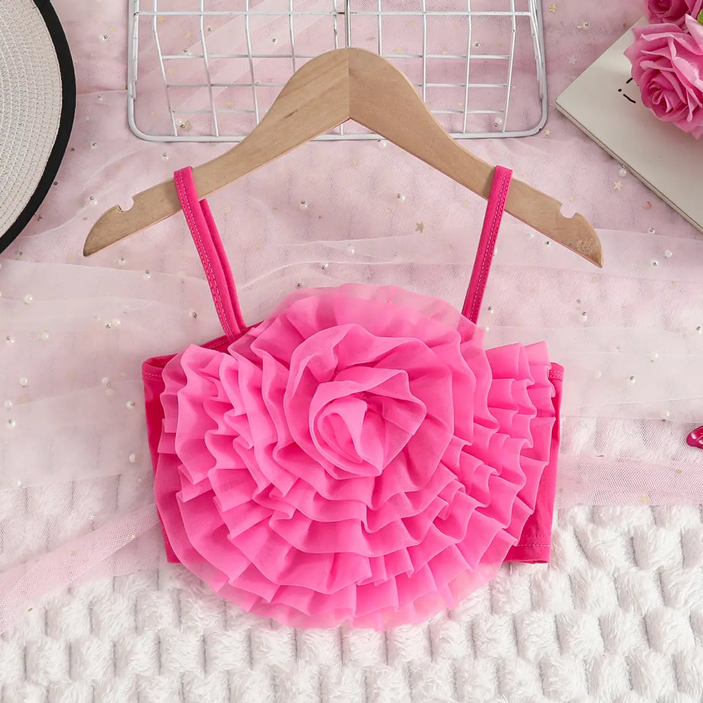 Girls Fuchsia 3D Floral Ruffle Top With Tiered Tulle Tutu Skirt Sets Sets
