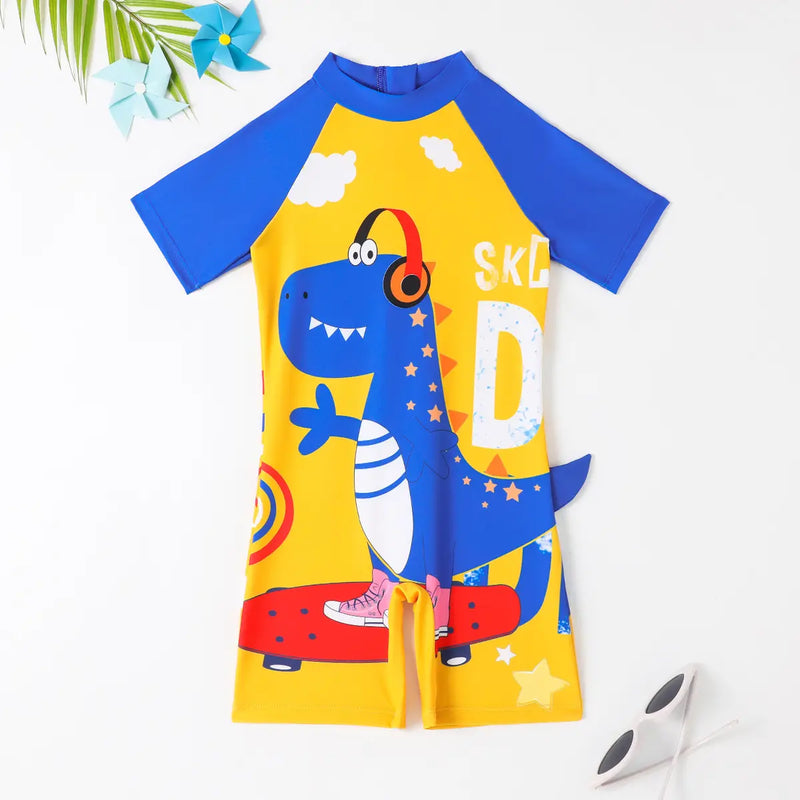 Boys Yellow Dinosaur Cartoon Print Swimwear Bodysuit Beachwear Yellow 3-4 Y