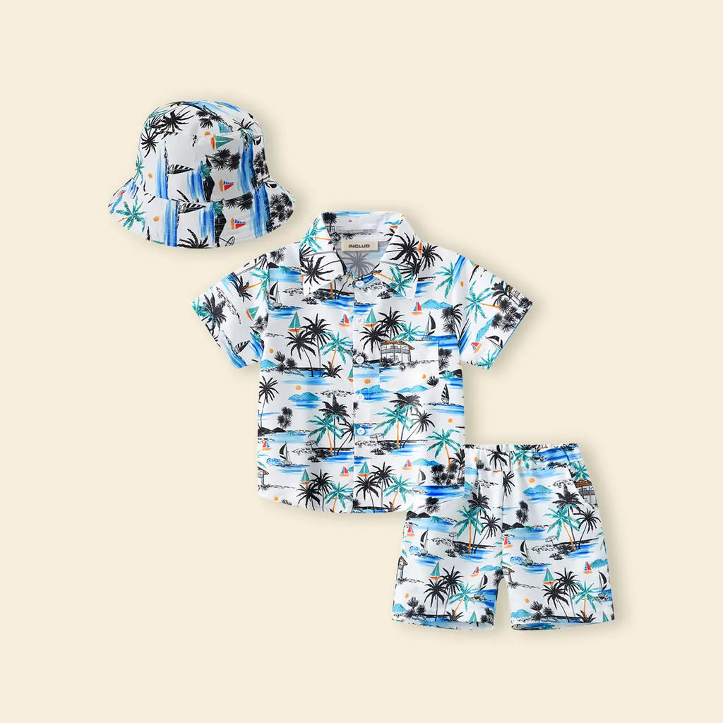 Boys White Tropical Print Button-Down Shirt With Shorts & Hat Co-ord Sets Sets