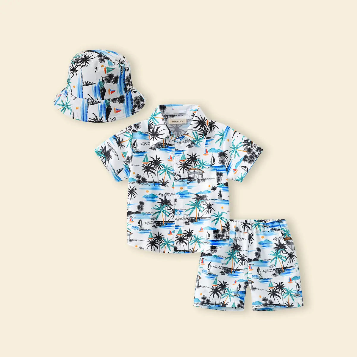 Boys White Tropical Print Button-Down Shirt With Shorts & Hat Co-ord Sets Sets