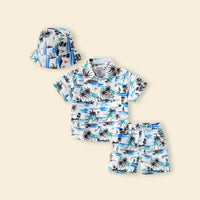 Boys White Tropical Print Button-Down Shirt With Shorts & Hat Co-ord Sets Sets