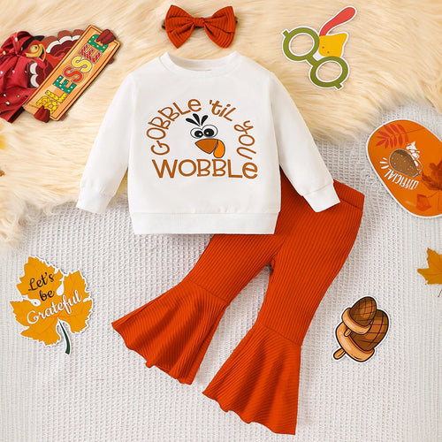 Girls White Typographic Printed Full Sleeve Top With Flared Pants Sets 2 pc. Sets White 1-2 Y