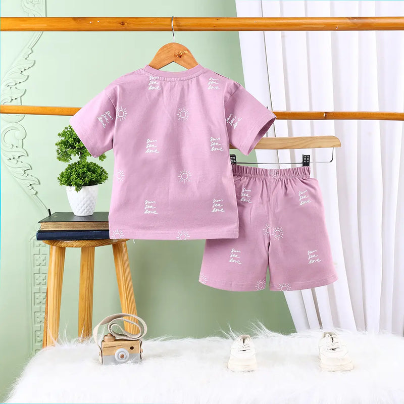 Boys Lilac Sun Printed Short Sleeve T-Shirt With Elasticated Shorts Sets Sets