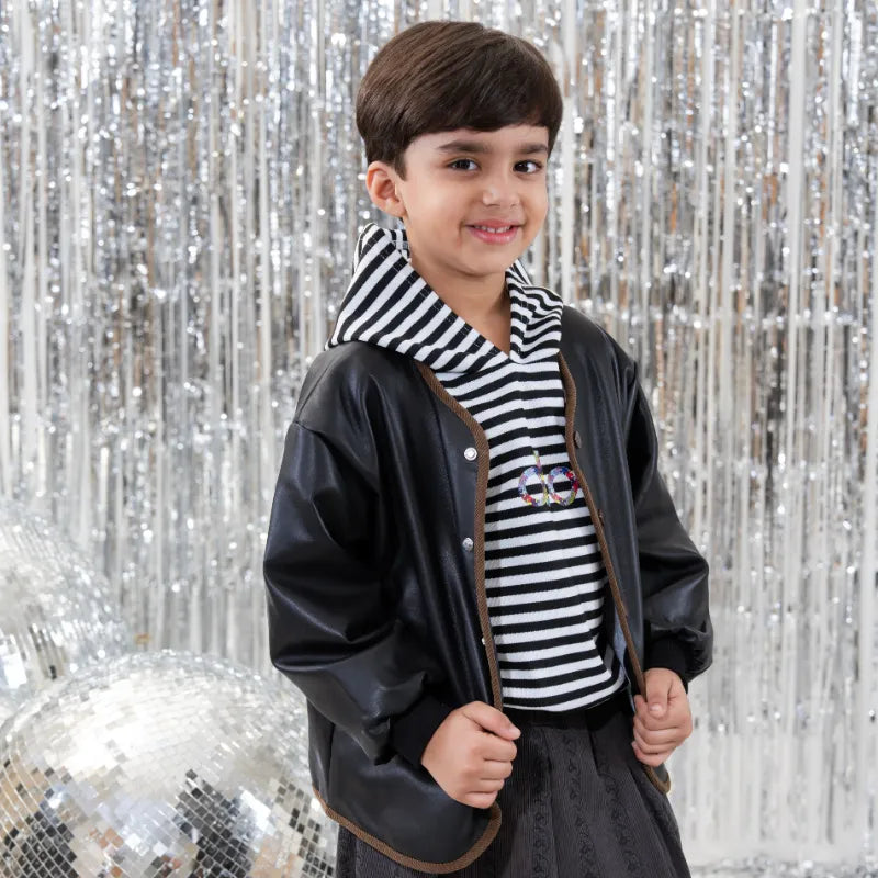 Boys Black Solid Faux Lather Jacket With Hooded Sweatshirt & Pants Set Sets