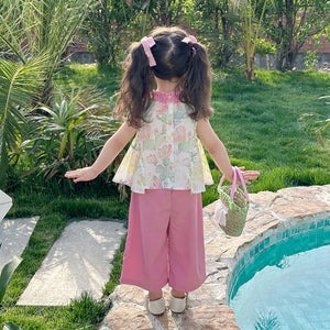 Girls Pink Cactus Print Ruffle Neck Top With Pants Sets Sets