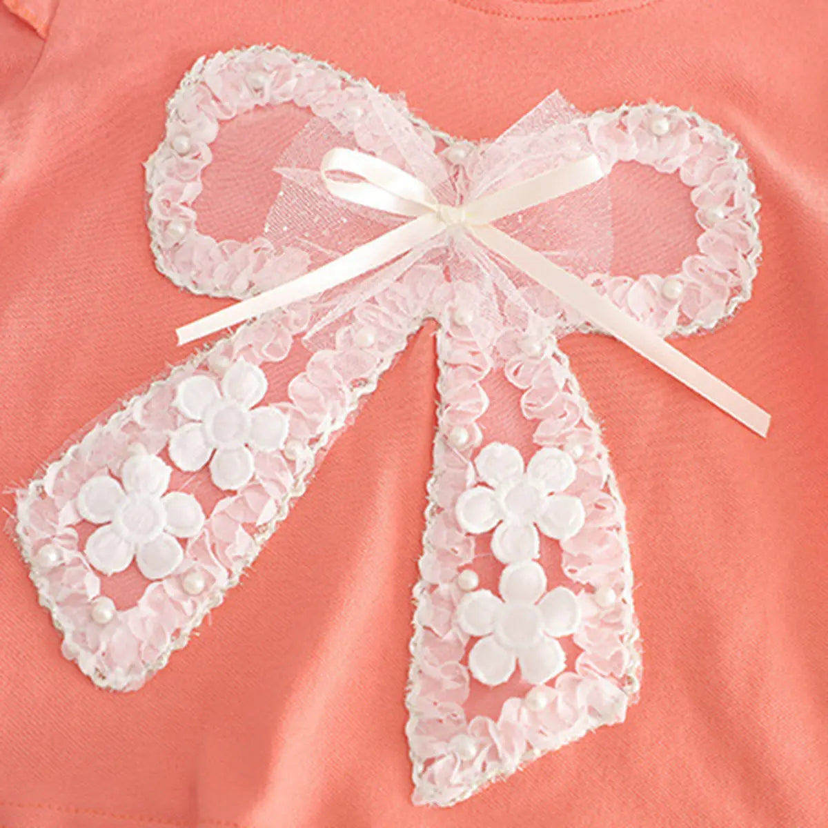 Girls Peach Bow Applique Flutter Sleeve Top With Denim Shorts Sets 2 pc. Sets