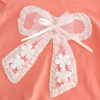 Girls Peach Bow Applique Flutter Sleeve Top With Denim Shorts Sets 2 pc. Sets