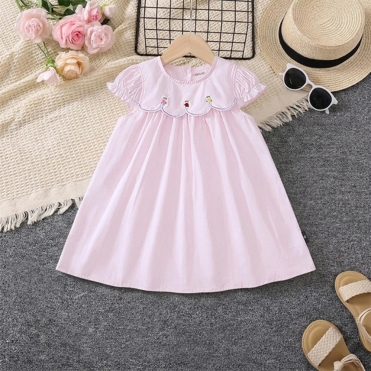 Girls Light Pink Embroidered Puff Sleeve Fit & Flare Dress Casual Dresses Light Pink 2-3 Y