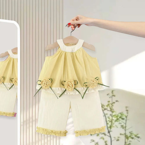 Girls Yellow Rose Applique Sleeveless Top With Pants Sets Sets Yellow 1-2 Y