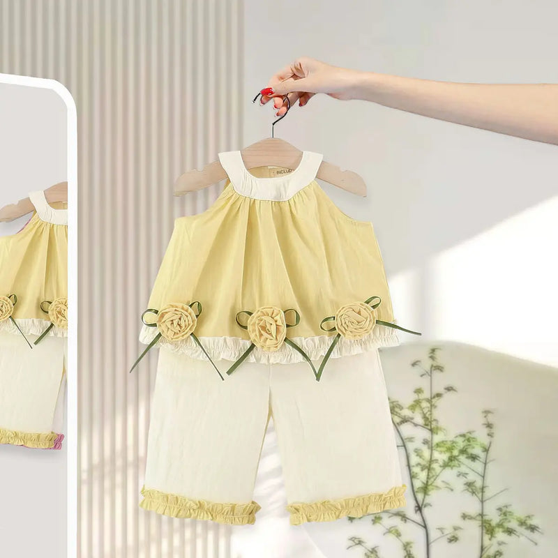 Girls Yellow Rose Applique Sleeveless Top With Pants Sets Sets Yellow 1-2 Y