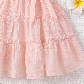 Girls Light Pink Bow Print Sleeveless Tiered Summer Dress Casual Dresses