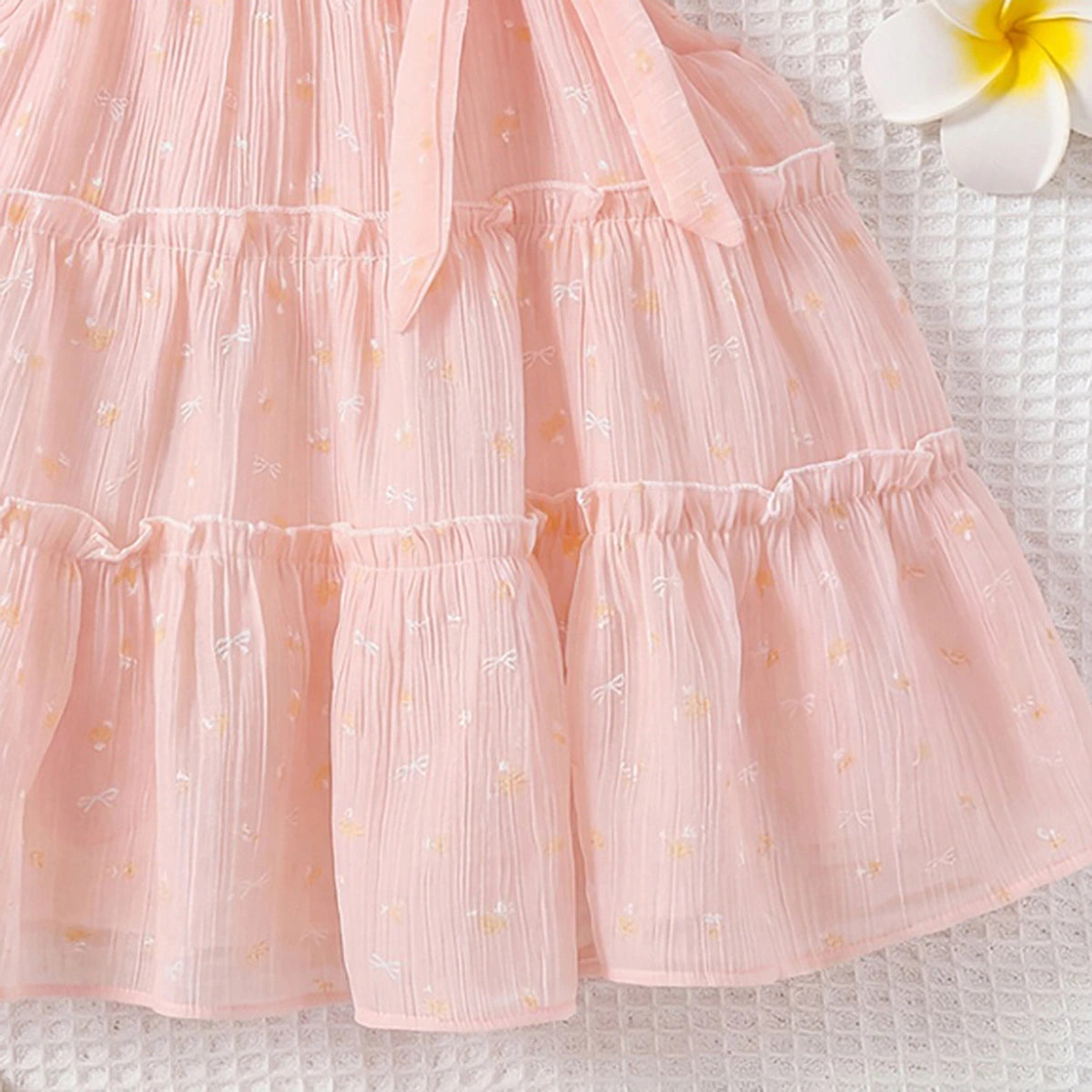 Girls Light Pink Bow Print Sleeveless Tiered Summer Dress Casual Dresses