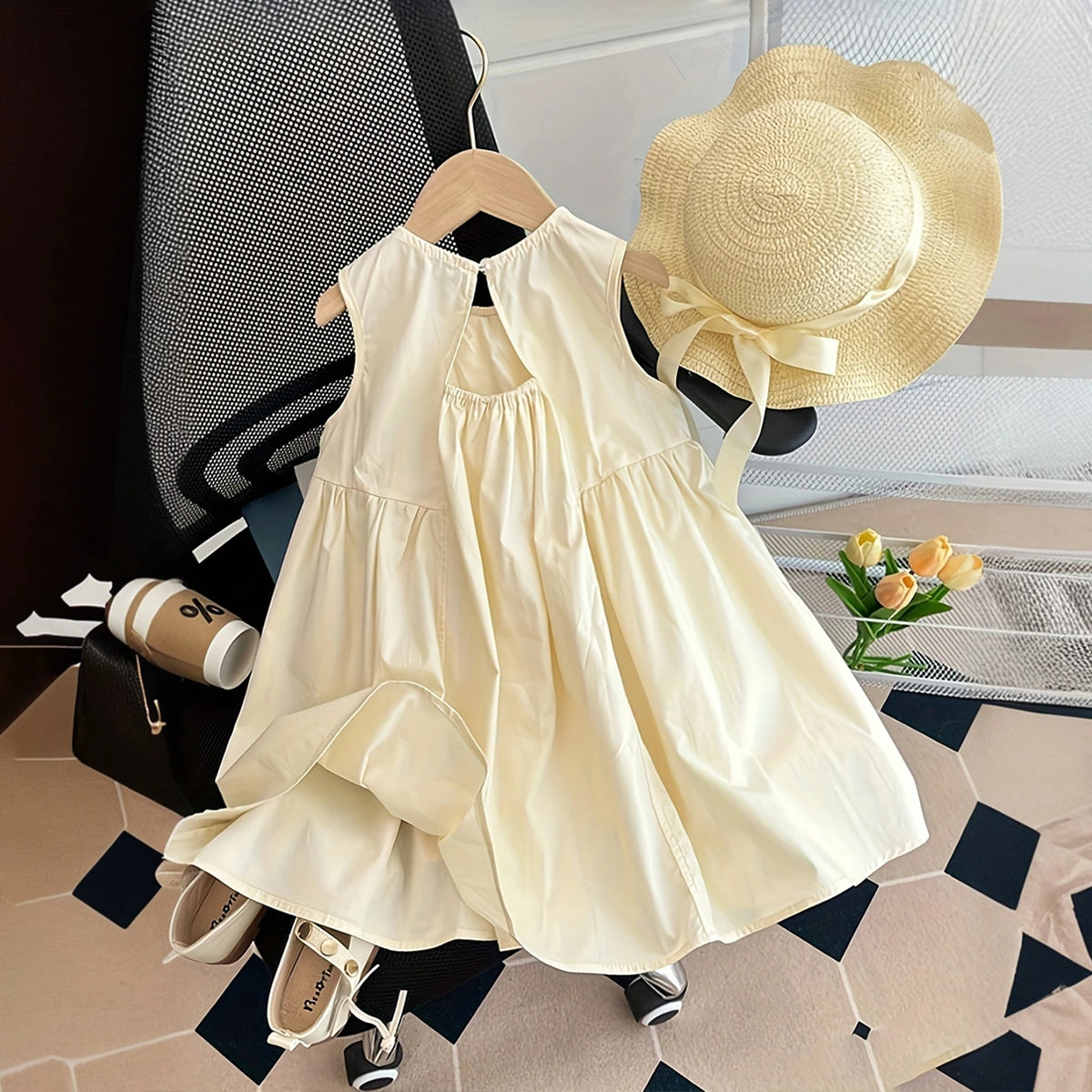 Girls Beige Sleeveless Pintucks Detailed A-line Dress With Hat Casual Dresses