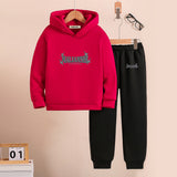 Boys Red Printed Hooded Sweatshirt with Joggers Set