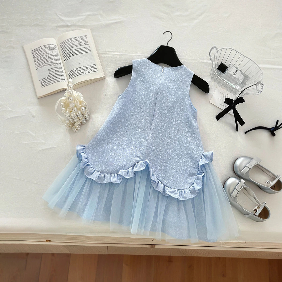 Girls Light Blue Bow Applique Sleeveless A-line Dress Casual Dresses