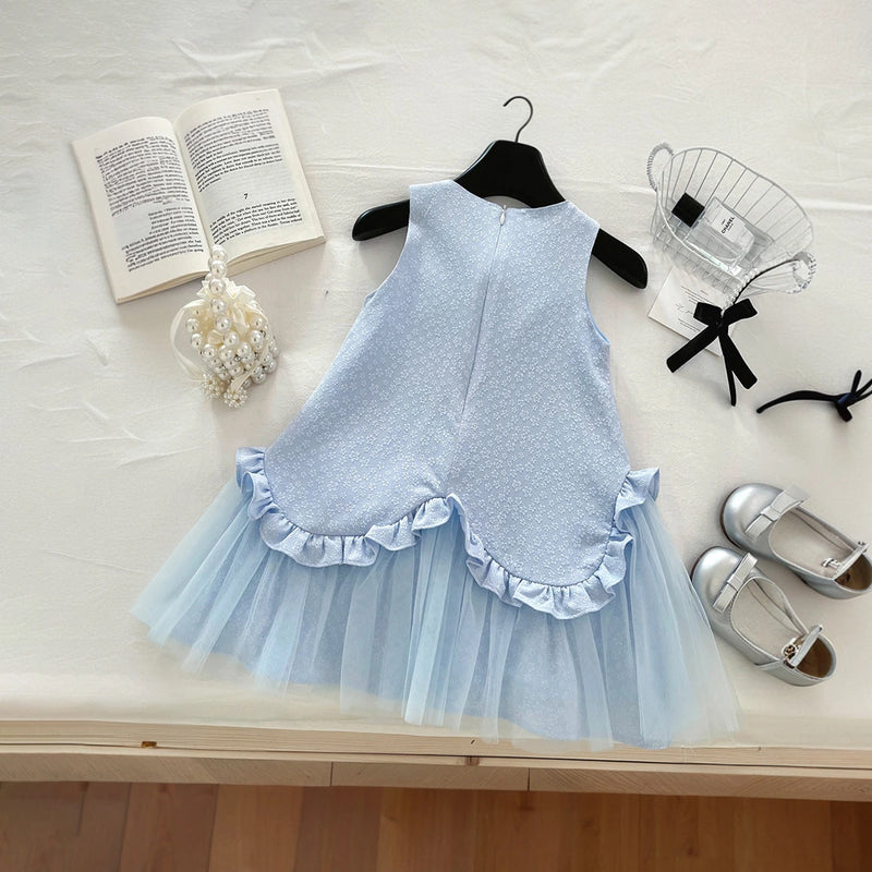 Girls Light Blue Bow Applique Sleeveless A-line Dress Casual Dresses