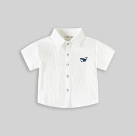 Boys White Short Sleeve Shark Embroidered Casual Shirt Shirts