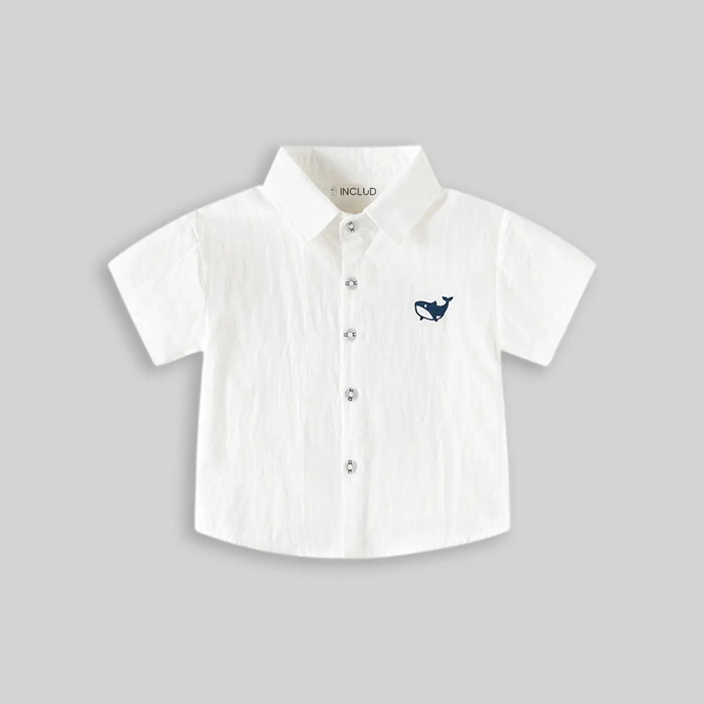 Boys White Short Sleeve Shark Embroidered Casual Shirt Shirts