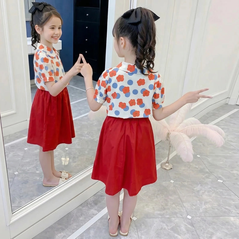 Girls Red Floral Print Short Sleeve Shirt With Skirt Sets 2 pc. Sets