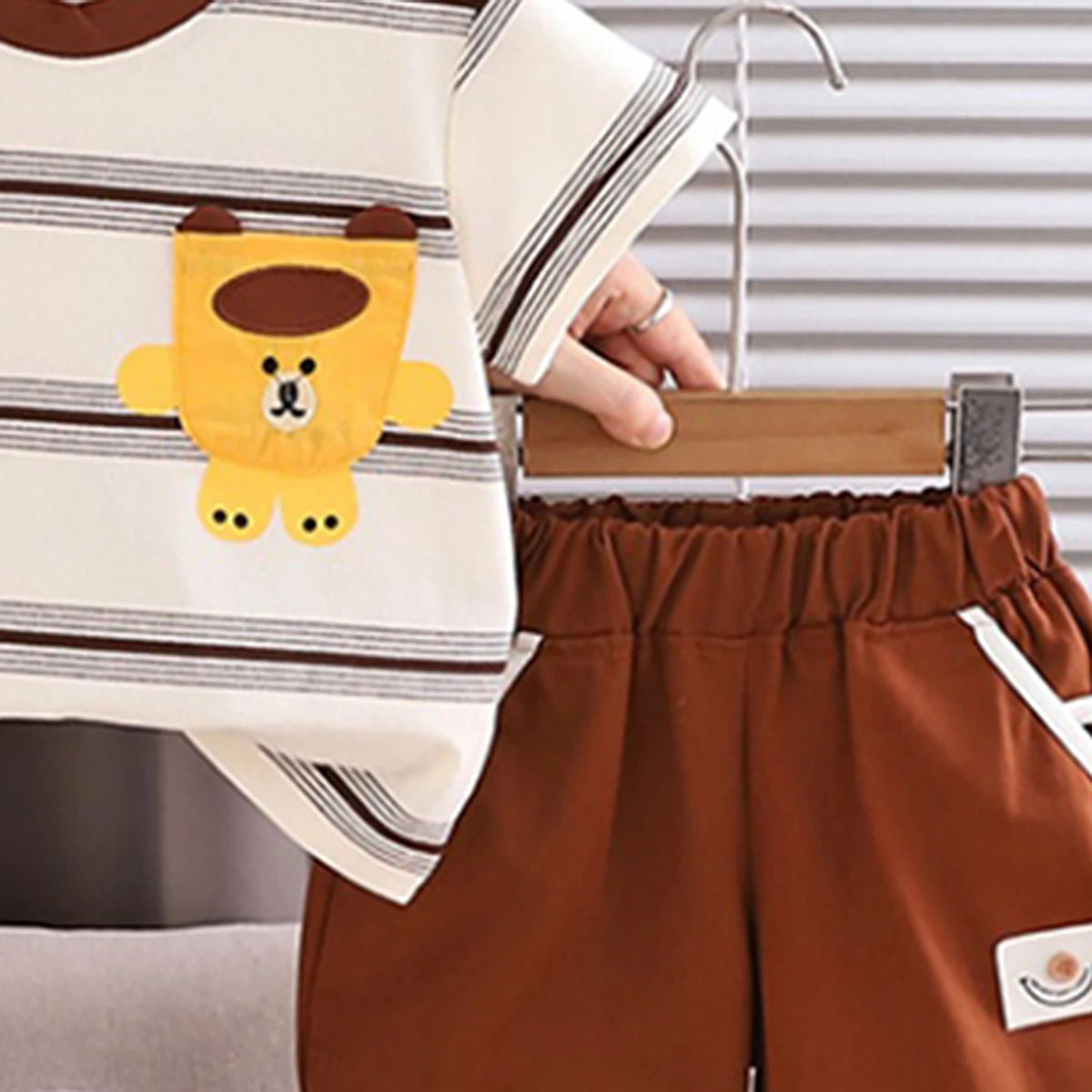 Boys Brown Bear Striped Short Sleeve T-Shirt With Elasticated Shorts Sets Sets