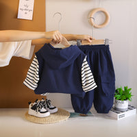 Boys Navy Blue Solid Sleeveless Hooded Jacket With T-Shirt and Pants Set Sets