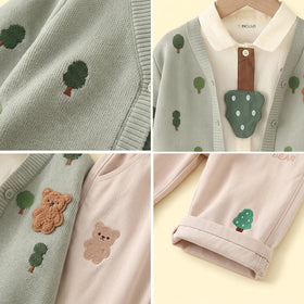 Boys Light Green Jacquard Cardigan With Shirt And Pants Sets 3 pc. Sets