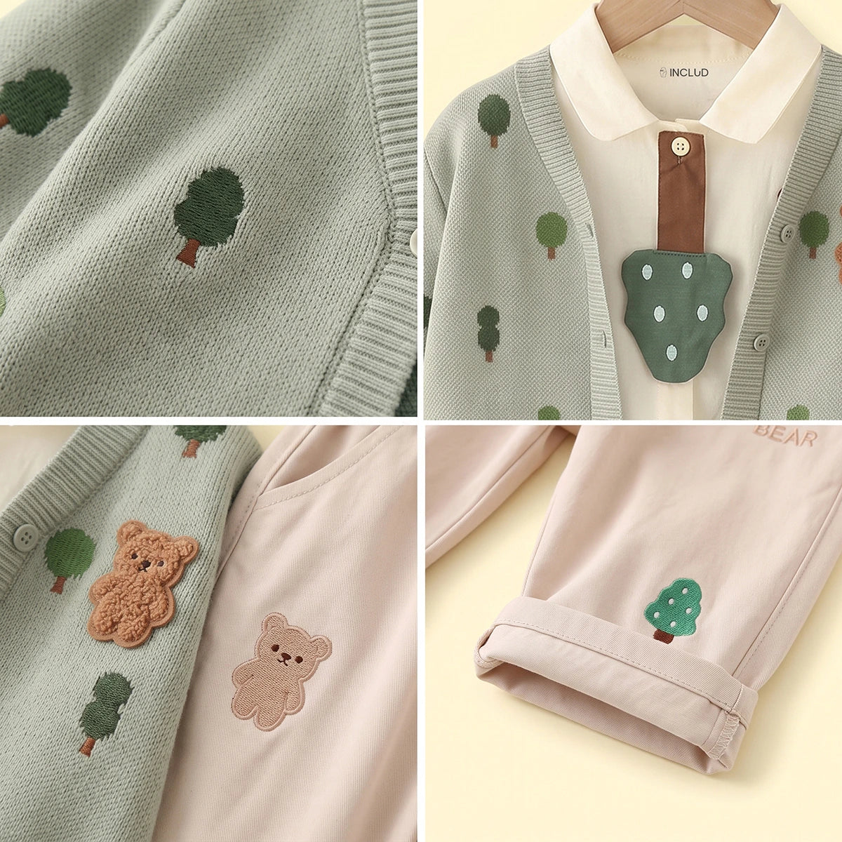 Boys Light Green Jacquard Cardigan With Shirt And Pants Sets 3 pc. Sets