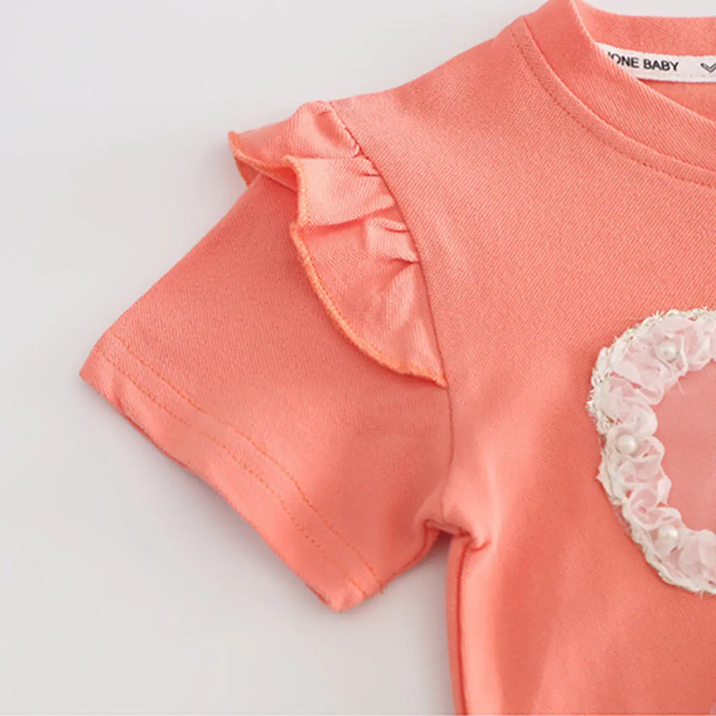 Girls Peach Bow Applique Flutter Sleeve Top With Denim Shorts Sets 2 pc. Sets