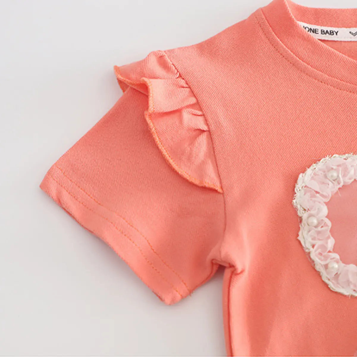 Girls Peach Bow Applique Flutter Sleeve Top With Denim Shorts Sets 2 pc. Sets