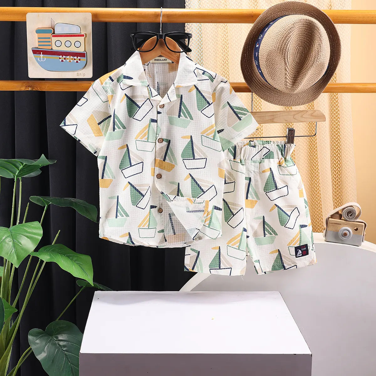 Boys Green Boat Graphics Short Sleeve Shirt With Elasticated Shorts Sets 2 pc. Sets Green 3-4 Y