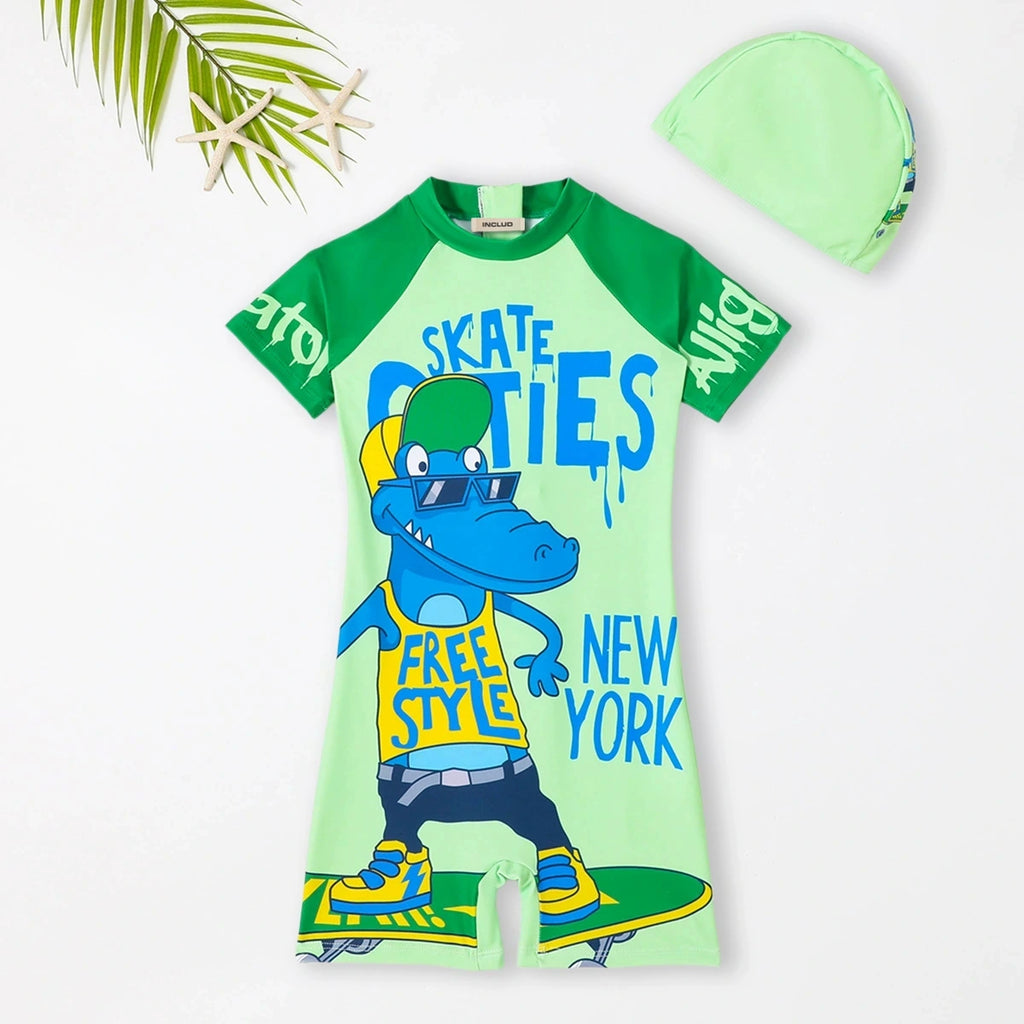 Boys Light Green Graphics Short Sleeves Swimwear Romper Jumpsuits Light Green 3-4 Y
