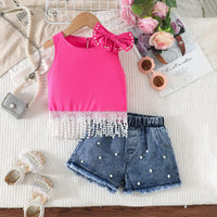 Girls Fuchsia Pearl Bow Lace Top With Denim Shorts Sets Sets