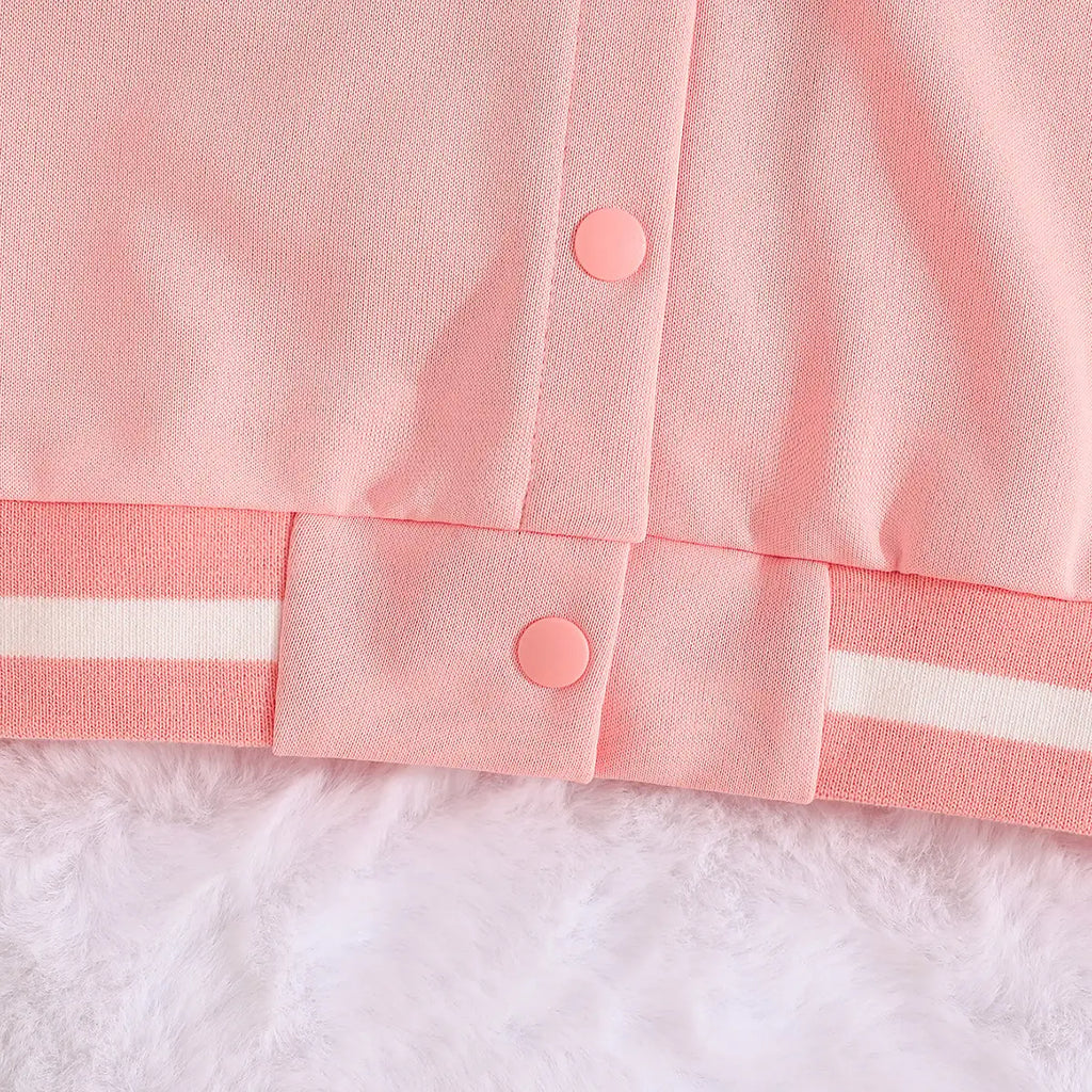 Girls Pink Embroidered Varsity Jacket With T-Shirt & Skirt Sets Sets
