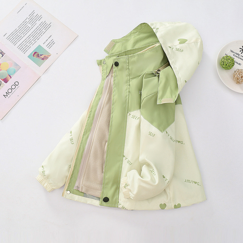 Boys Green Typographic Printed Hooded Jacket With Detachable Fleece Inner Jacket Coats & Jackets