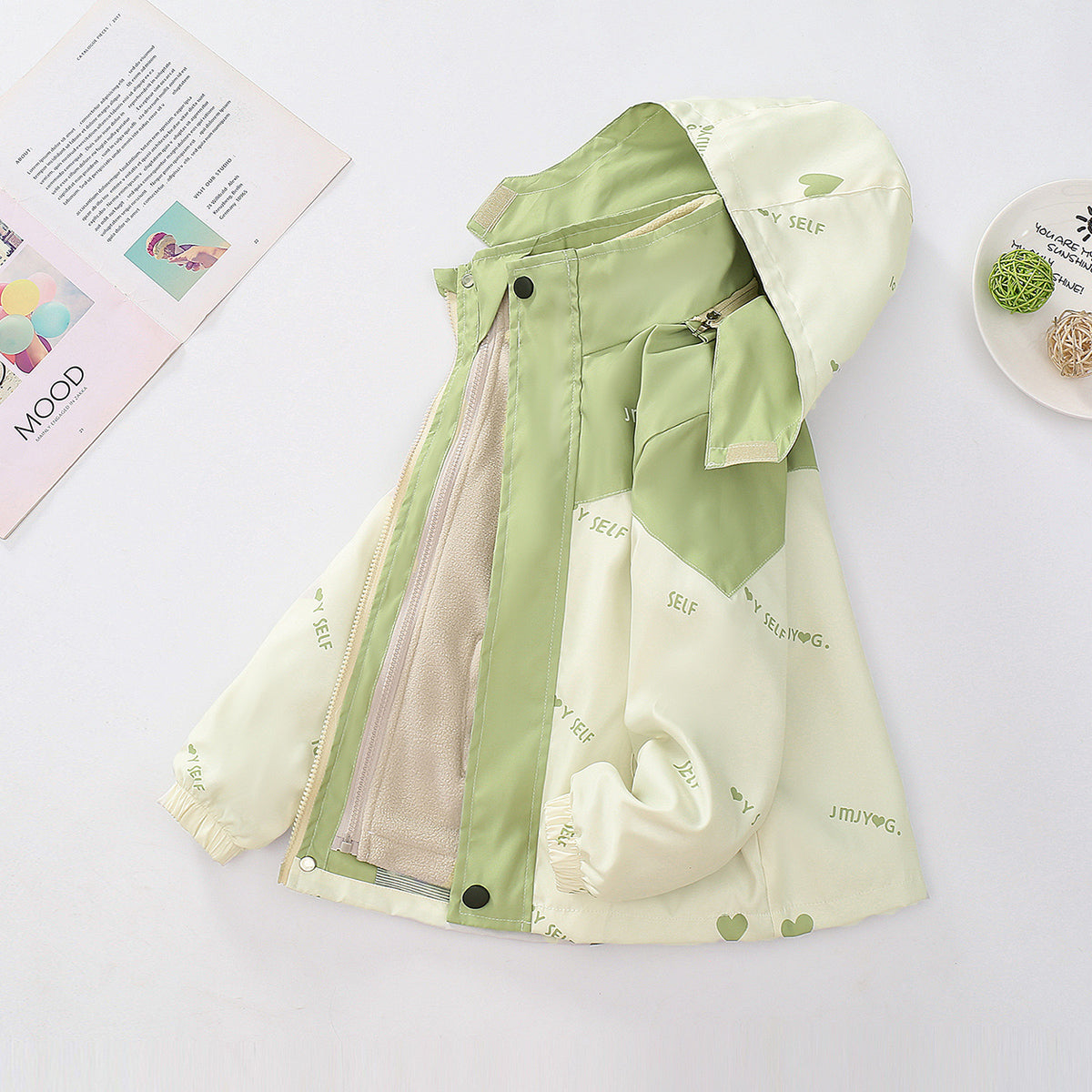 Boys Green Typographic Printed Hooded Jacket With Detachable Fleece Inner Jacket Coats & Jackets