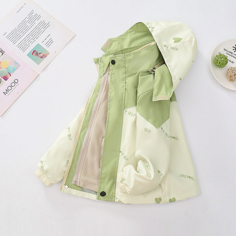 Boys Green Typographic Printed Hooded Jacket With Detachable Fleece Inner Jacket Coats & Jackets